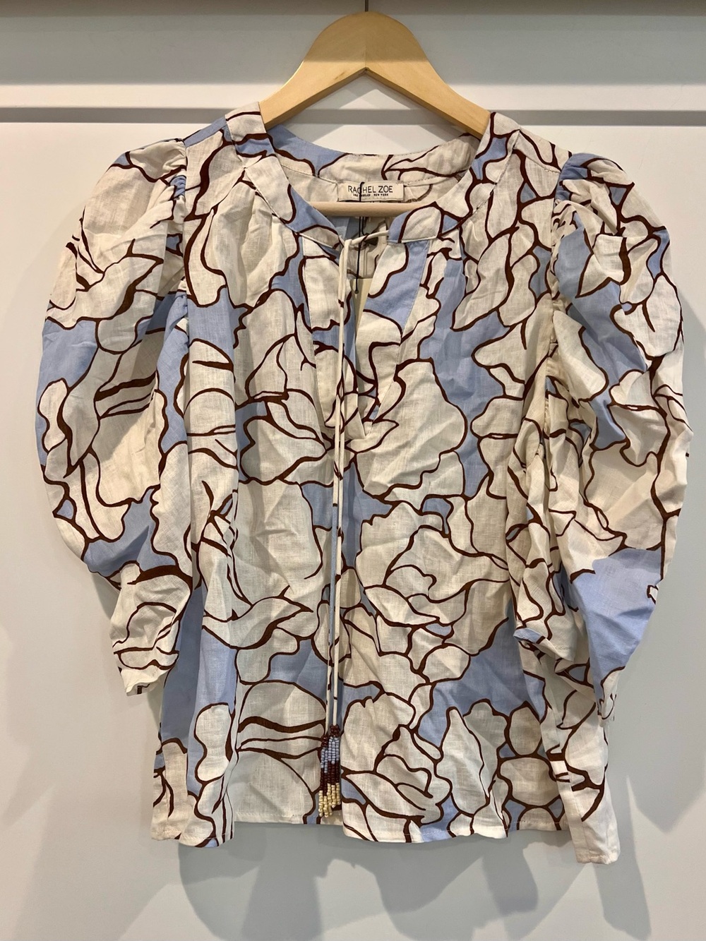 Rachel Zoe Linen Blend Floral Print Peasant Blouse Blue Cream Puff Sleeve Chic M - Picture 2 of 8